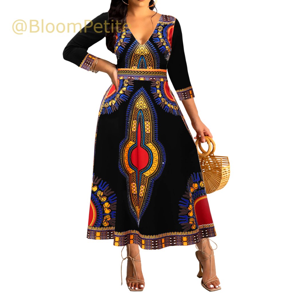 Polyester Spandex V-Neck Long Sleeve Maxi Dress Casual African Print
